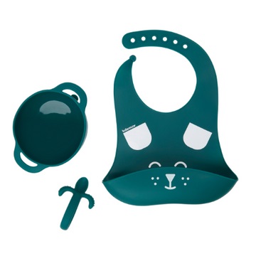 BABYMOOV Set Pappa FIRST'ISY 6-12 Mesi - Ciotola con Ventosa, Cucchiaio Ergonomico e Bavaglino Regolabile in Silicone - Design Cane Blu