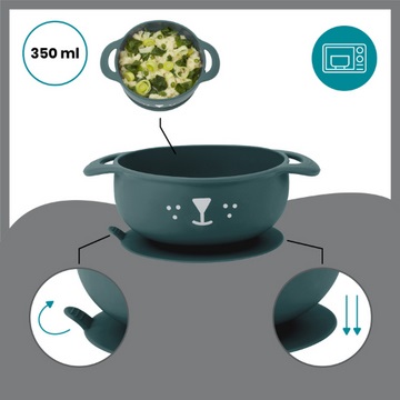 BABYMOOV Set Pappa FIRST'ISY 6-12 Mesi - Ciotola con Ventosa, Cucchiaio Ergonomico e Bavaglino Regolabile in Silicone - Design Cane Blu