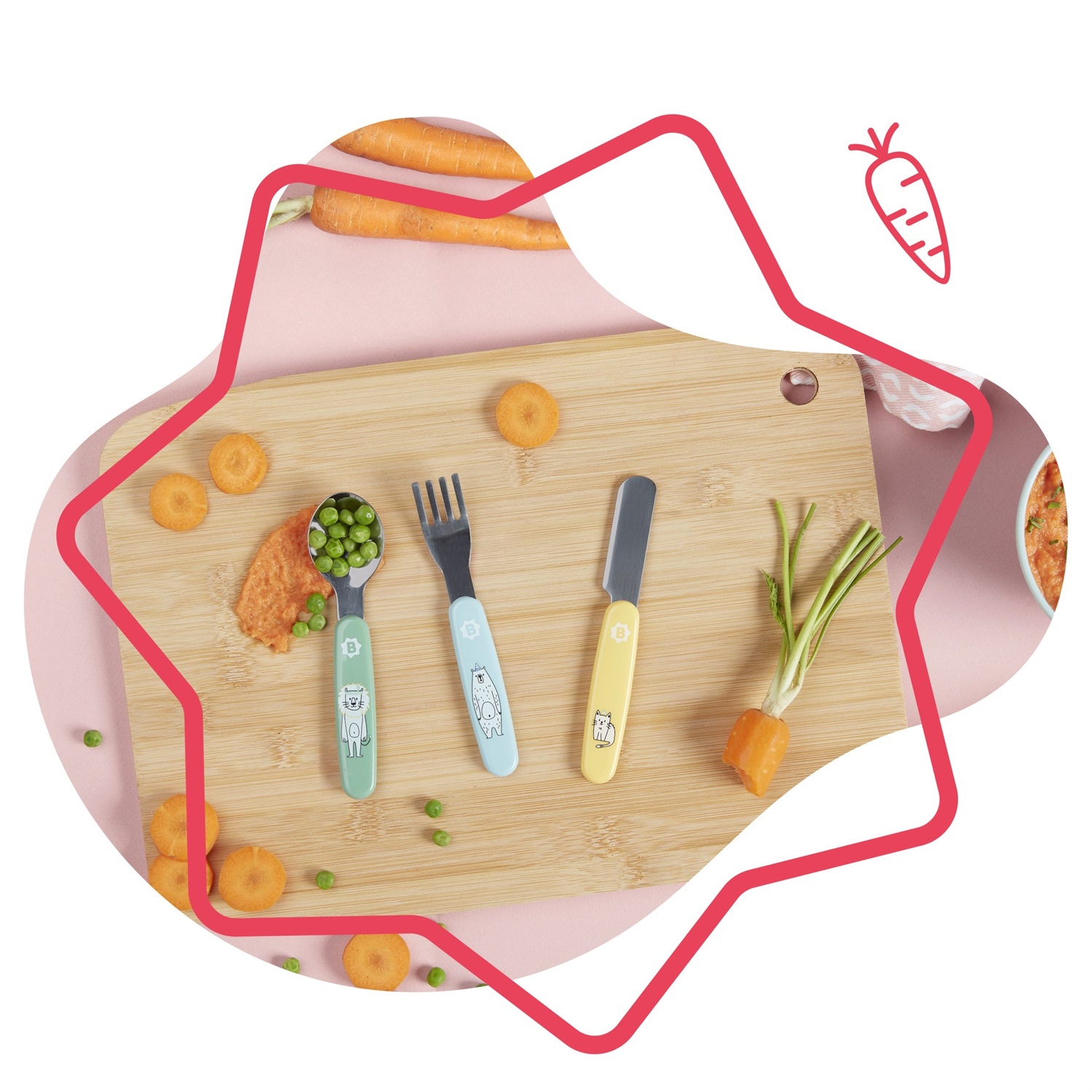 Badabulle Set di Posate per Bambini in Acciaio Inossidabile - 3 Pezzi con Bordi Arrotondati (Forchetta, Coltello, Cucchiaio)