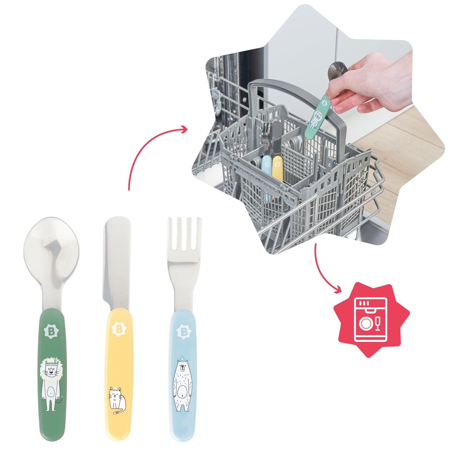 Badabulle Set di Posate per Bambini in Acciaio Inossidabile - 3 Pezzi con Bordi Arrotondati (Forchetta, Coltello, Cucchiaio)