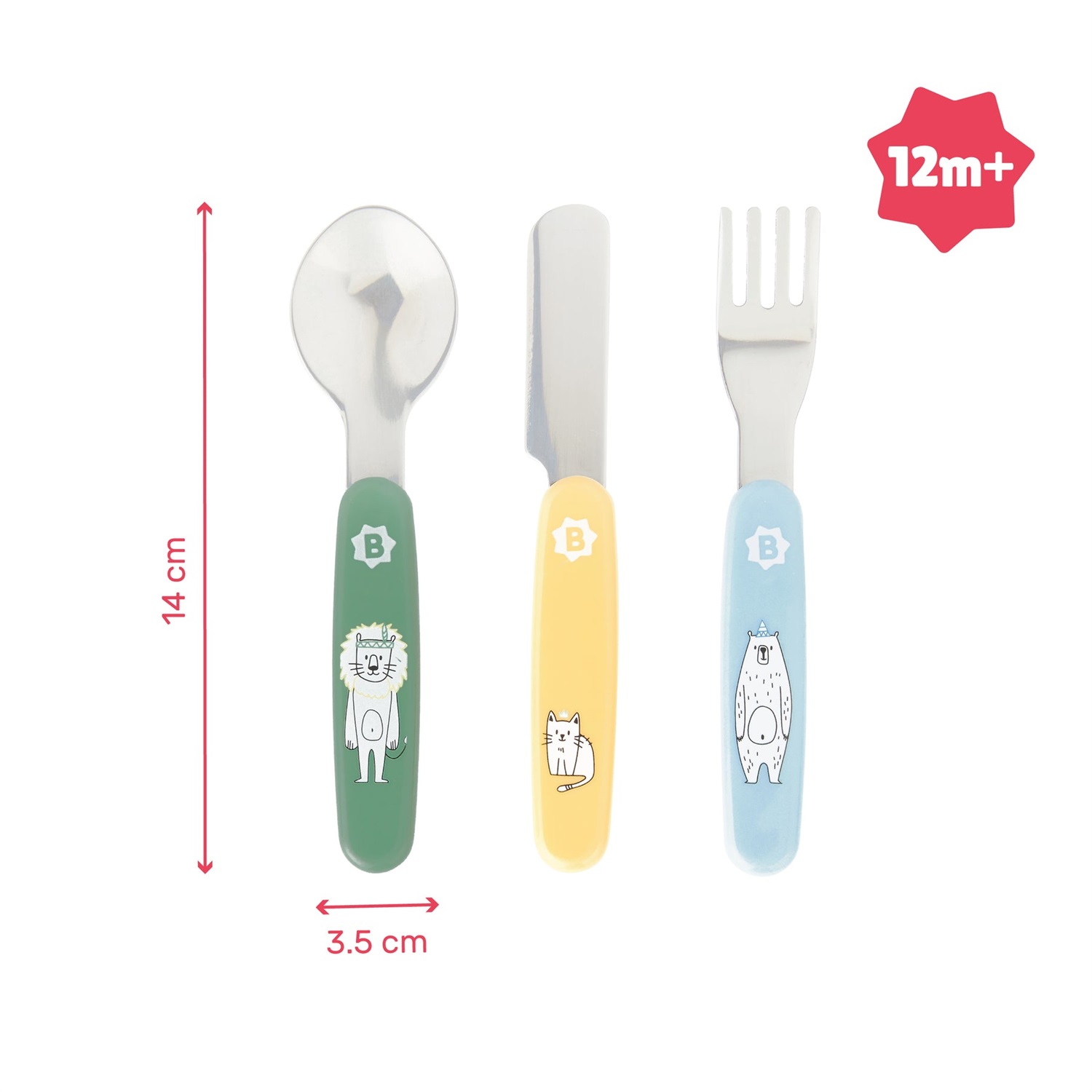 Badabulle Set di Posate per Bambini in Acciaio Inossidabile - 3 Pezzi con Bordi Arrotondati (Forchetta, Coltello, Cucchiaio)