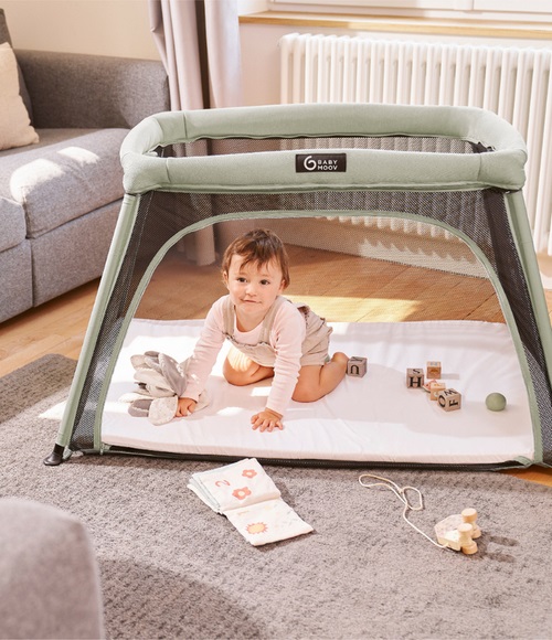Babymoov Moov and Comfy Lettino da Viaggio 3 in 1 Pieghevole Verde e Grigio - Adatto dalla Nascita fino a 4 Anni, Trasformabile in Area Giochi