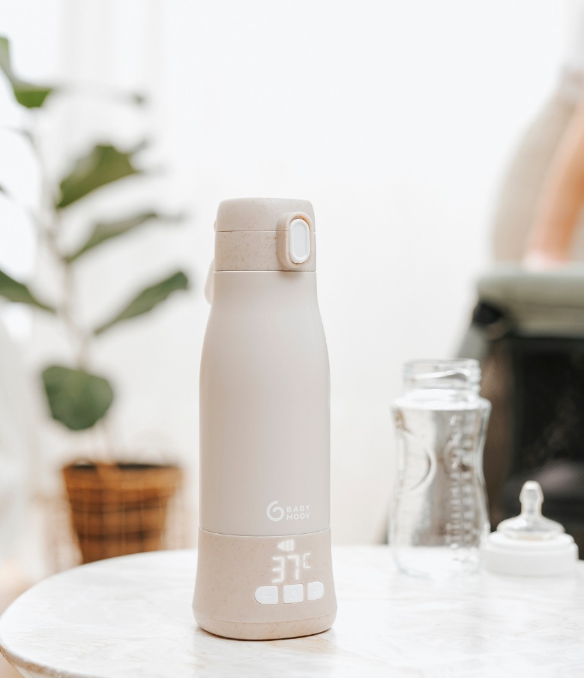 Babymoov Moov & Feed Scaldabiberon Portatile 340 ml - Mineral Beige, Riscaldamento Veloce e Temperatura Regolabile