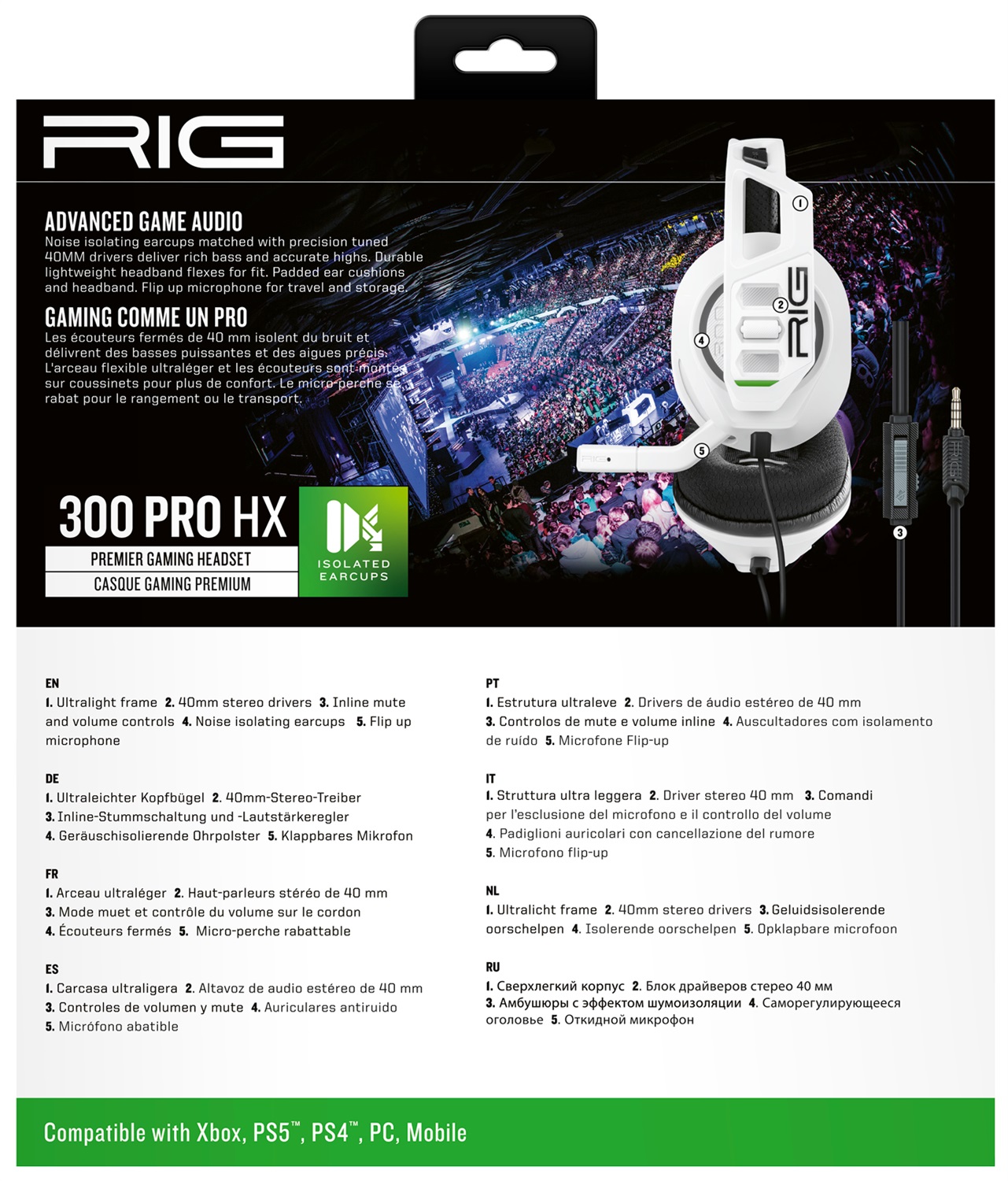 Nacon RIG 300 PRO HX - Cuffie da gioco Cablate per Xbox Serie X/S/ONE, Bianco, Driver da 40 mm, Isolamento Rumore