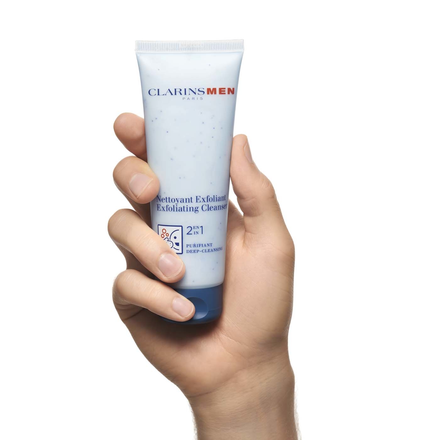 Clarins Men Detergente Esfoliante Viso 2 in 1 Purificante 125ml - Texture Cremosa con Estratto di Saponaria e Gluconato di Zinco