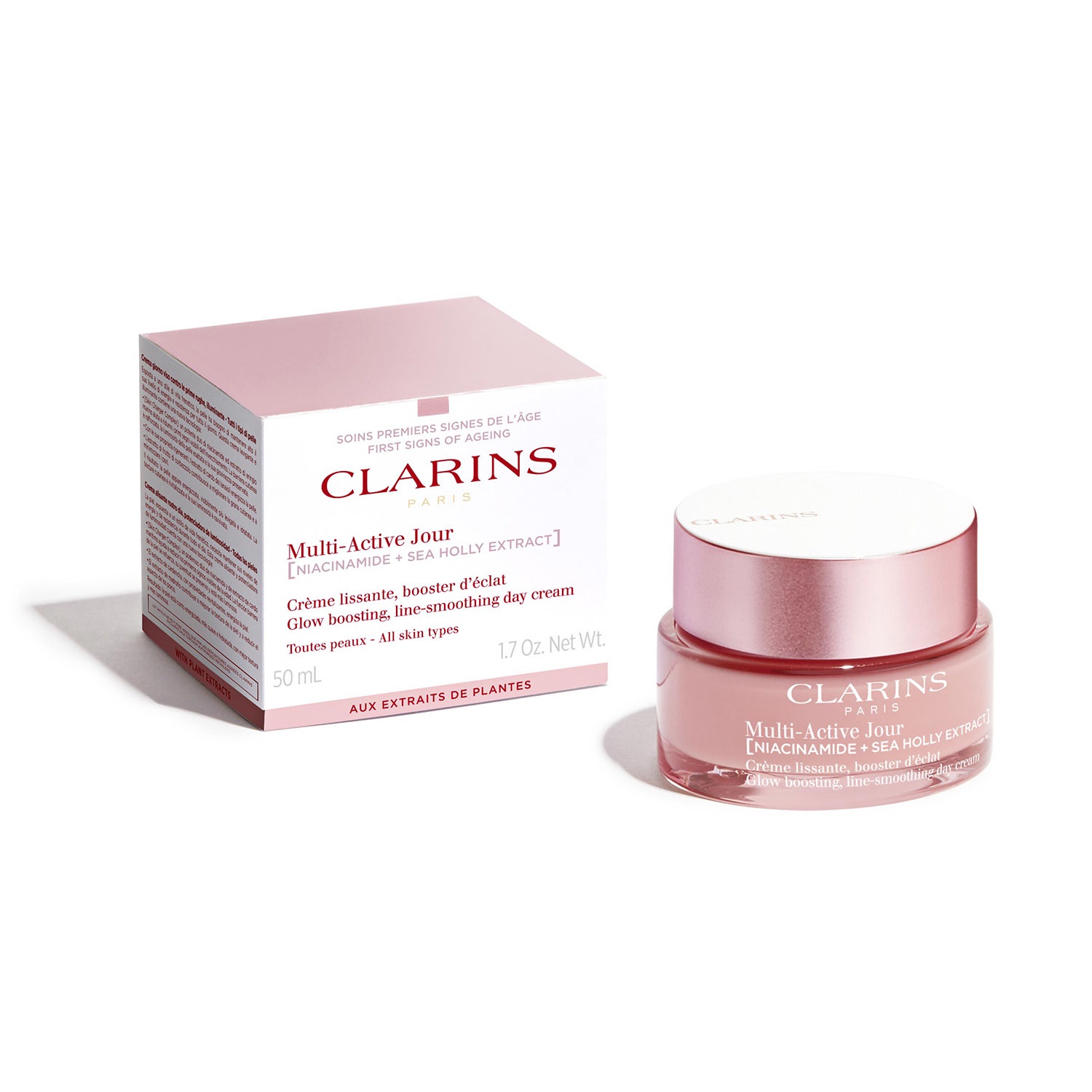 Clarins Multi-Active Crema Giorno 50ml - Crema Levigante e Booster di Luminosità per Tutti i Tipi di Pelle, Arricchita con Niacinamide e Estratto di Eringio Marino