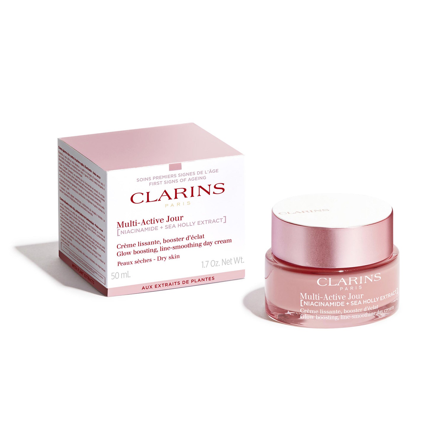 Clarins Multi-Active Giorno Crema da Giorno per Pelli Secche 50 ml - Levigante e Booster di Luminosità con Niacinamide ed Estratto di Eringio Marino