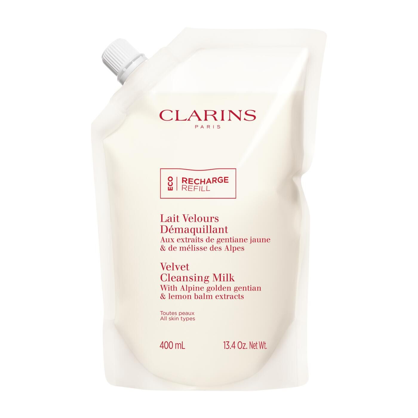 Clarins Velvet Cleansing Milk Latte Detergente Delicato Ricarica 400 ml con Estratti Bio di Genziana Maggiore e Melissa Alpina
