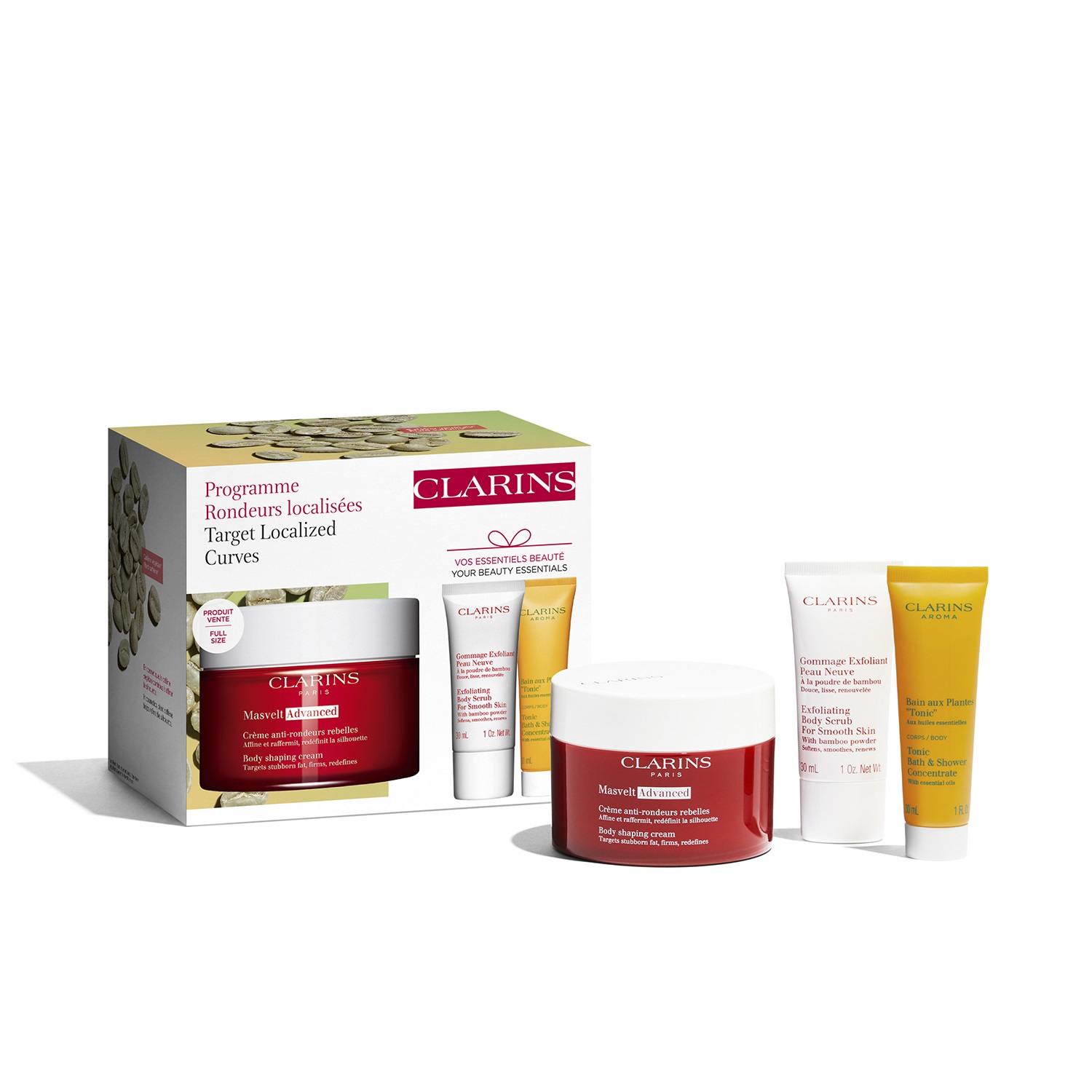 Clarins Programma Adiposità Localizzate - Cofanetto Regalo con Crema Masvelt Advanced 200ml, Gommage Exfoliant 30ml e Bagno Tonificante 30ml
