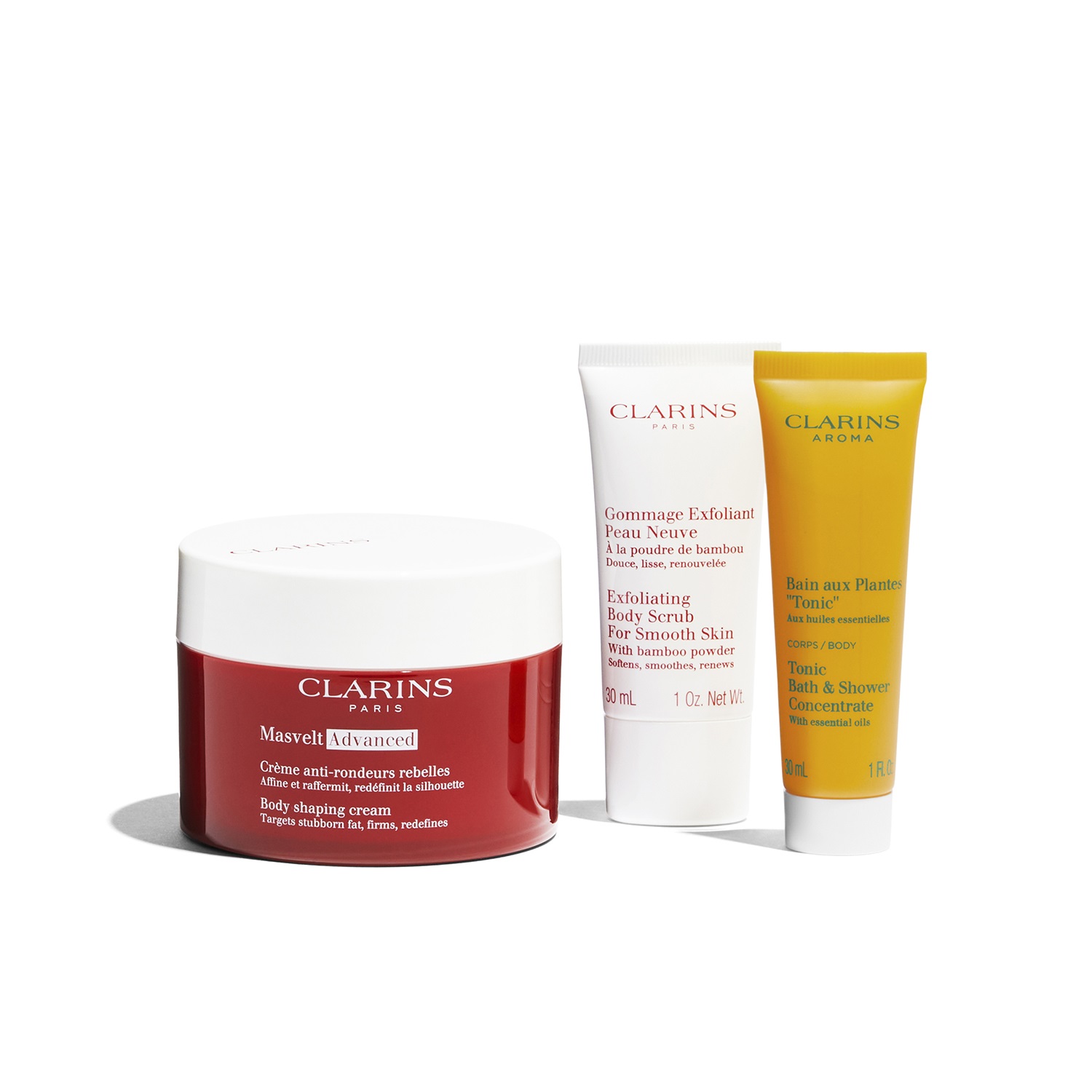 Clarins Programma Adiposità Localizzate - Cofanetto Regalo con Crema Masvelt Advanced 200ml, Gommage Exfoliant 30ml e Bagno Tonificante 30ml