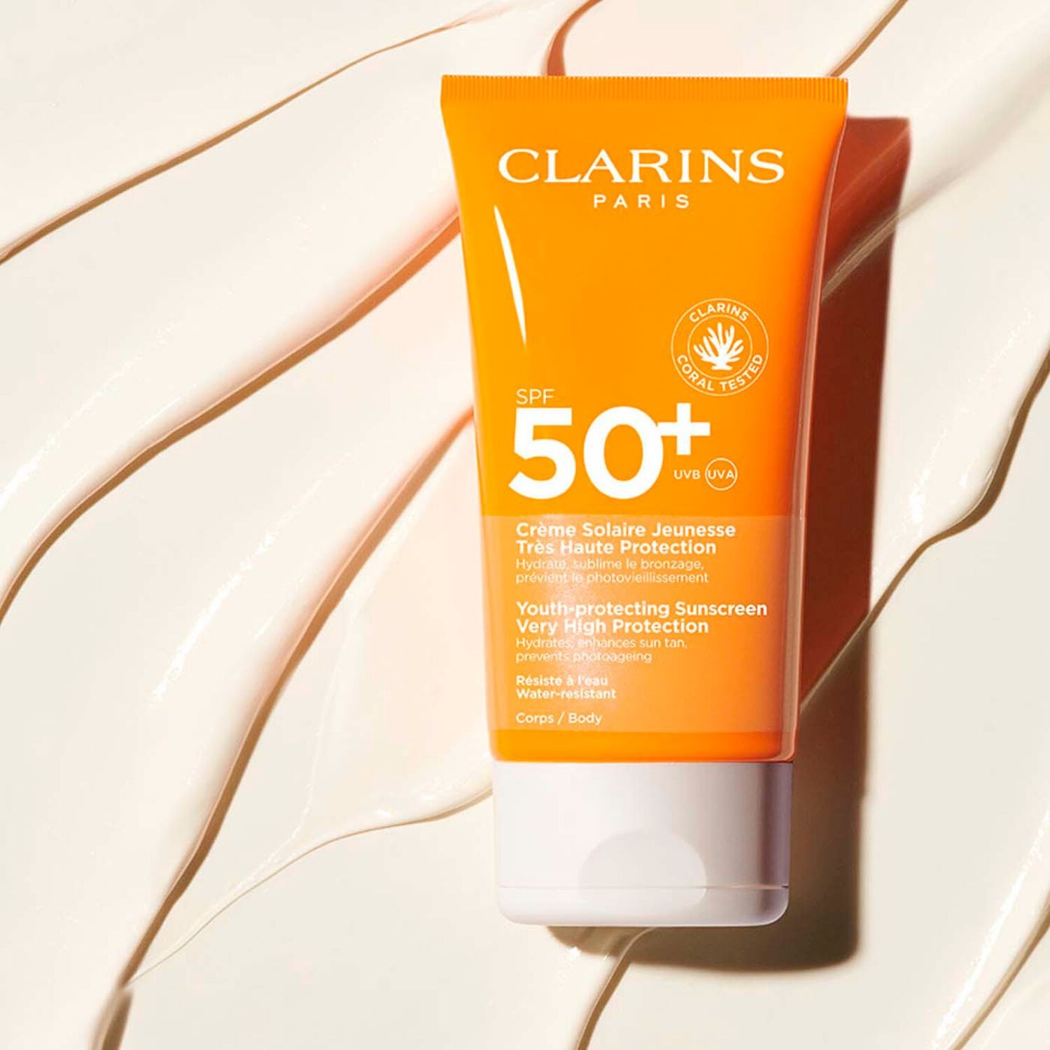 Clarins Crema Solare Corpo SPF50 150 ml - Idratante, Texture Fondente, Finish Asciutto e Invisibile, Resistente all'Acqua