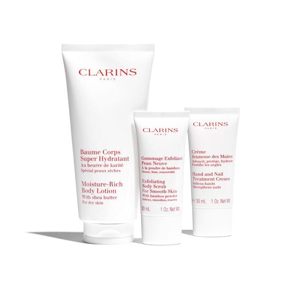 Clarins Cofanetto Rituale Idratazione Corpo - Crema Corpo Super Idratante 200 ml, Gommage Esfoliante 30 ml, Crema Mani 30 ml