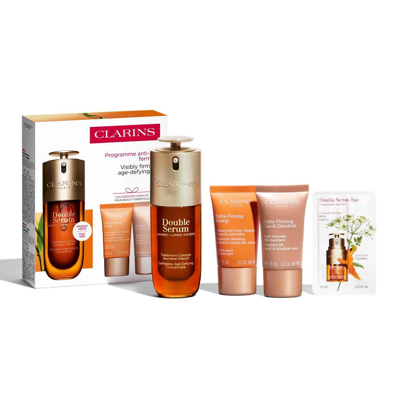 Clarins Cofanetto Regalo Anti-Età Tonicità - Include Double Serum 50 ml, Crema Giorno Extra-Firming 15 ml, Crema Collo e Décolleté 15 ml, Siero Occhi 0,9 ml