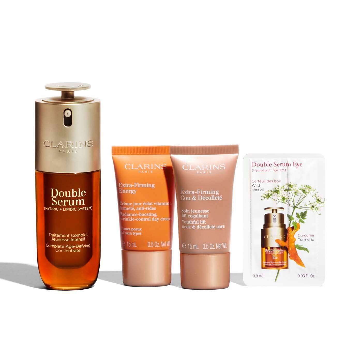 Clarins Cofanetto Regalo Anti-Età Tonicità - Include Double Serum 50 ml, Crema Giorno Extra-Firming 15 ml, Crema Collo e Décolleté 15 ml, Siero Occhi 0,9 ml