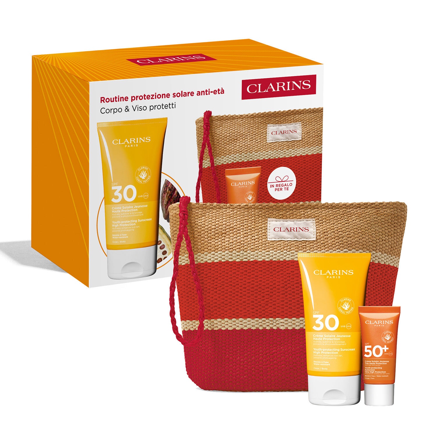 Clarins Routine Protezione Solare Anti-Età - Cofanetto con Crema Corpo SPF 30 (150 ml) e Crema Viso SPF 50 (30 ml) con Pochette