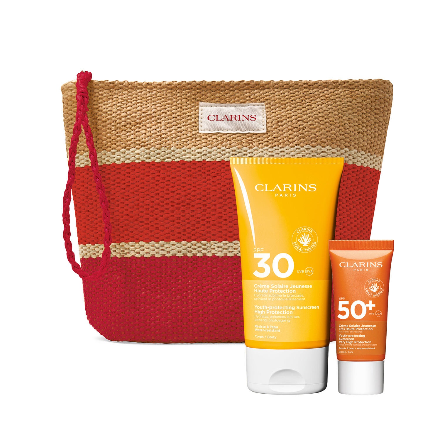 Clarins Routine Protezione Solare Anti-Età - Cofanetto con Crema Corpo SPF 30 (150 ml) e Crema Viso SPF 50 (30 ml) con Pochette