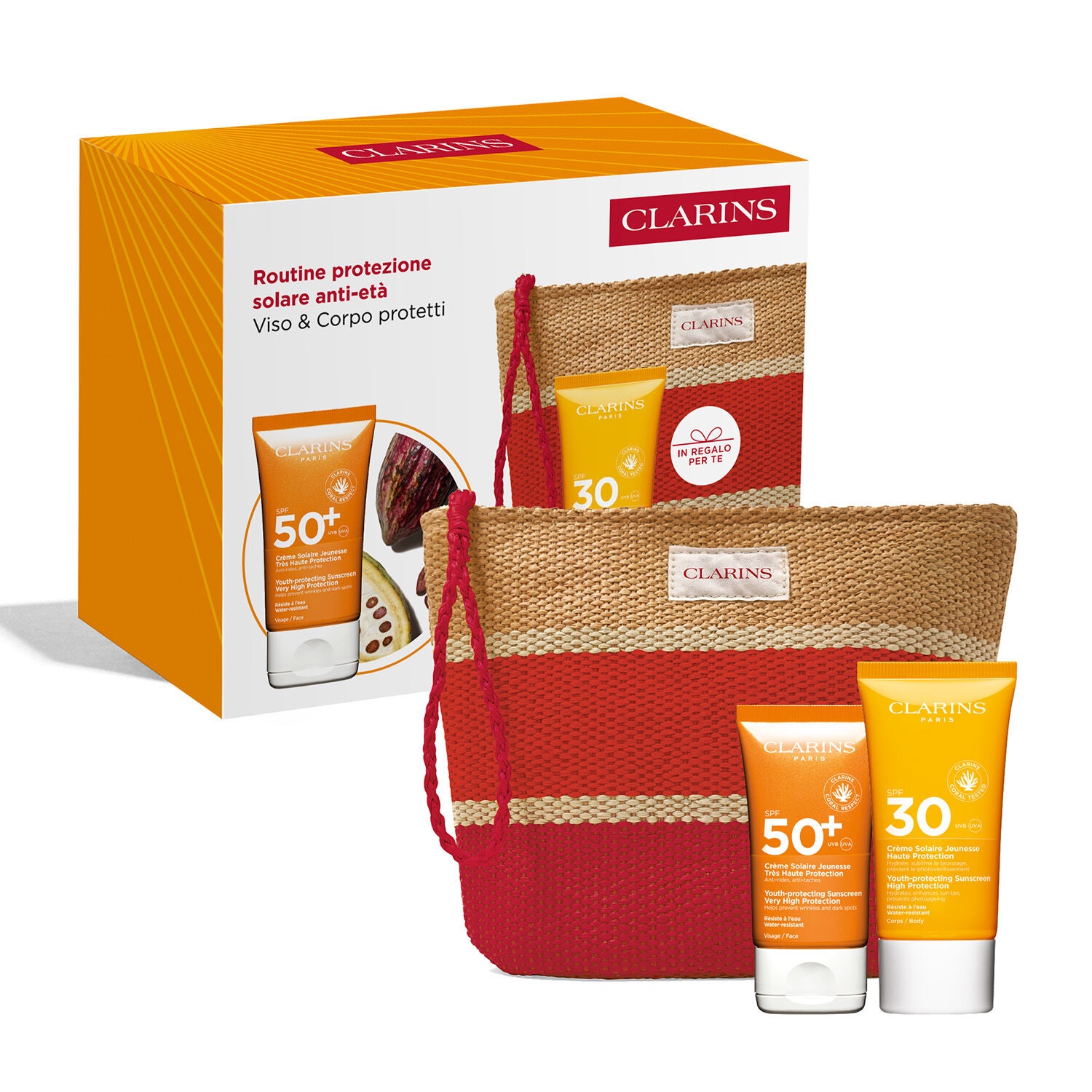 Clarins Routine Protezione Solare Anti-Età - Cofanetto con Crema Viso SPF 50 50 ml e Crema Corpo SPF 30 75 ml