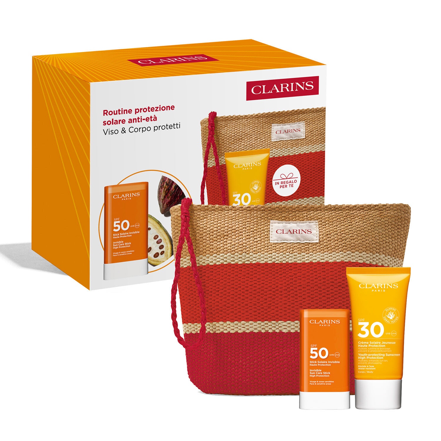 Clarins Routine Protezione Solare Anti-Età - Stick Solare Invisibile SPF50 17 g Crema Solare Corpo SPF30 75 ml