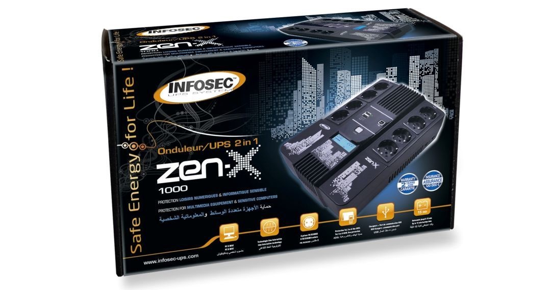 INFOSEC Zen-X 1000 Gruppo di Continuità (UPS) Line Interactive 1000VA 600W con 4 Prese di Backup e Autonomia Fino a 15 Minuti