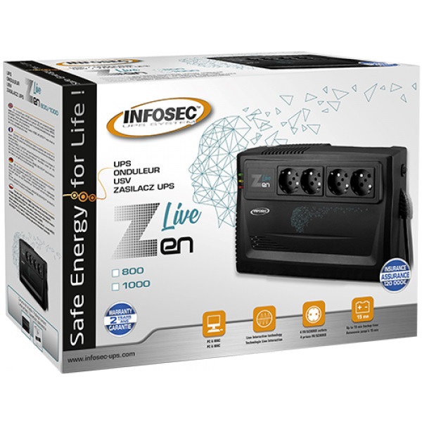 Infosec ZEN LIVE 800 Gruppo di Continuità (UPS) Line Interactive 800 VA 480 W con 4 Prese AC - Nero