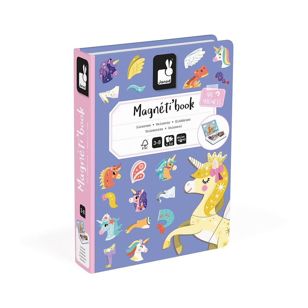 Janod Magnéti'Book Unicorni - Gioco Educativo Magnetico con 44 Calamite e 10 Modelli - Giocattolo in Cartone FSC per Bambini dai 3 Anni