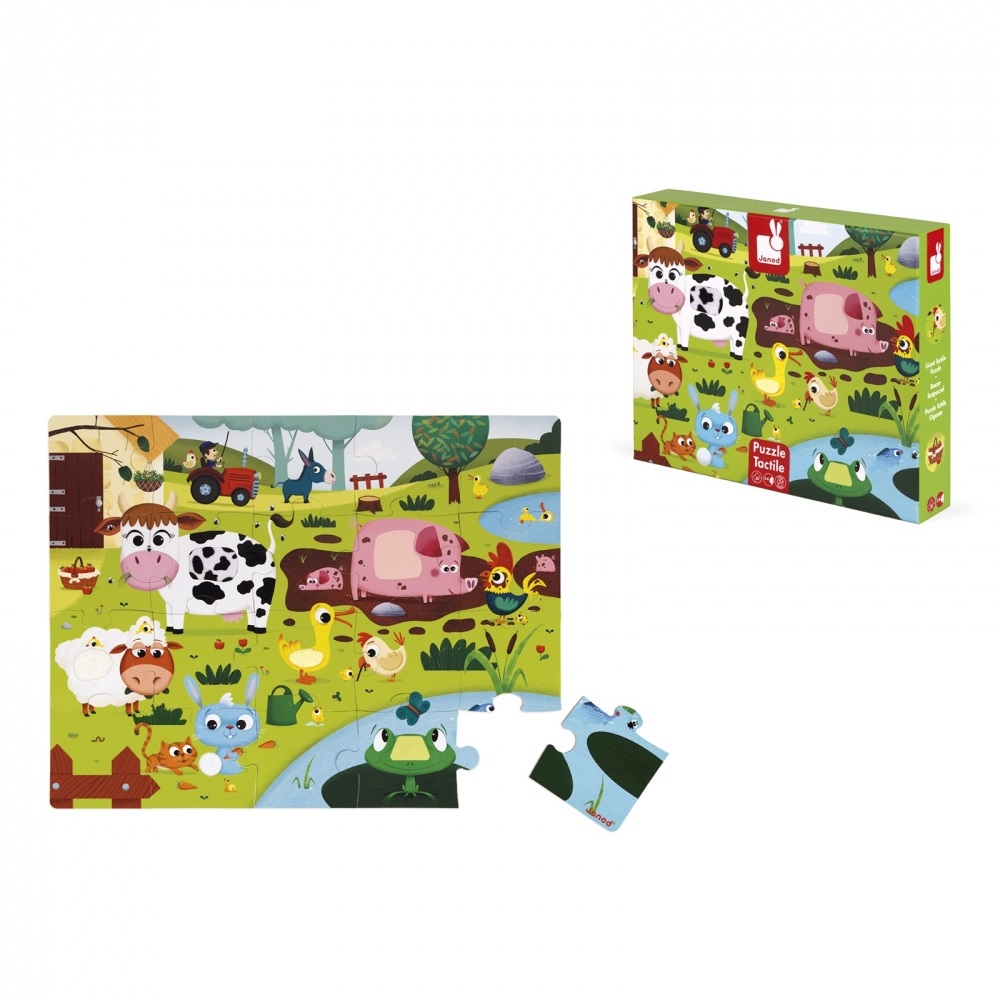 Janod Puzzle Tattile 20 Pezzi - Animali della Fattoria, Gioco Educativo e Sensoriale per Bambini, Sviluppo Motricità Fine, Da 2 Anni