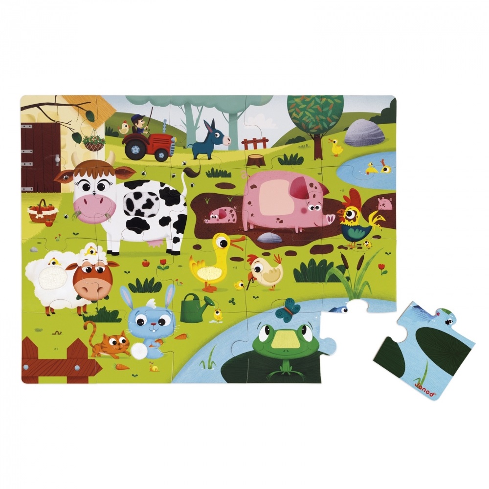 Janod Puzzle Tattile 20 Pezzi - Animali della Fattoria, Gioco Educativo e Sensoriale per Bambini, Sviluppo Motricità Fine, Da 2 Anni