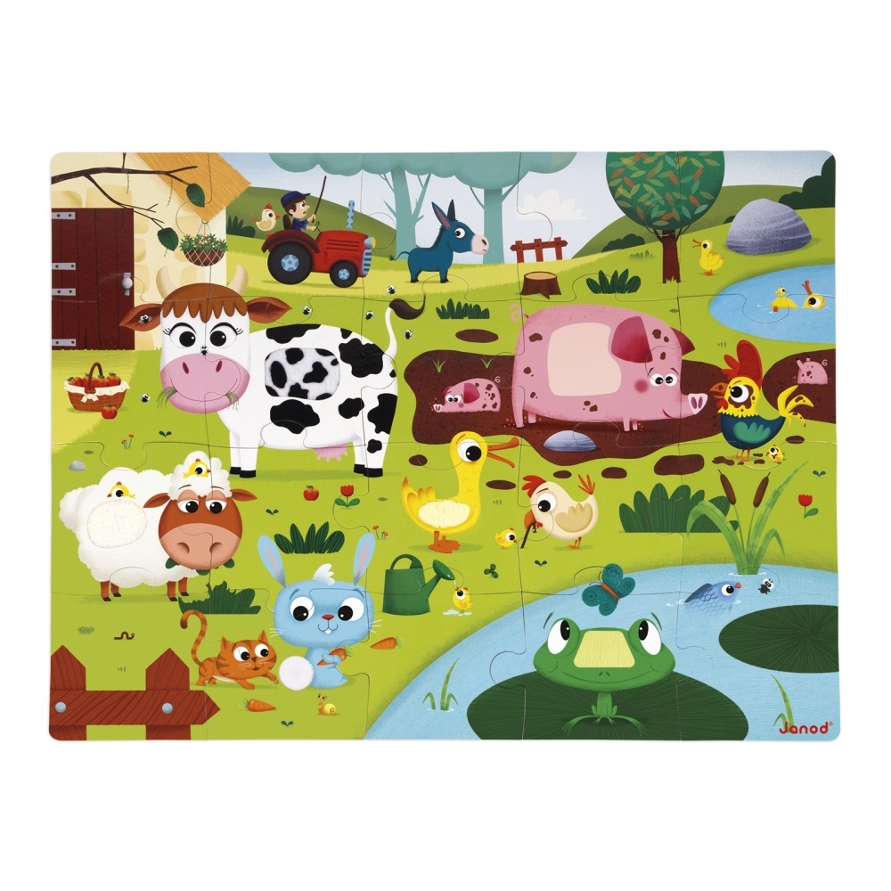 Janod Puzzle Tattile 20 Pezzi - Animali della Fattoria, Gioco Educativo e Sensoriale per Bambini, Sviluppo Motricità Fine, Da 2 Anni