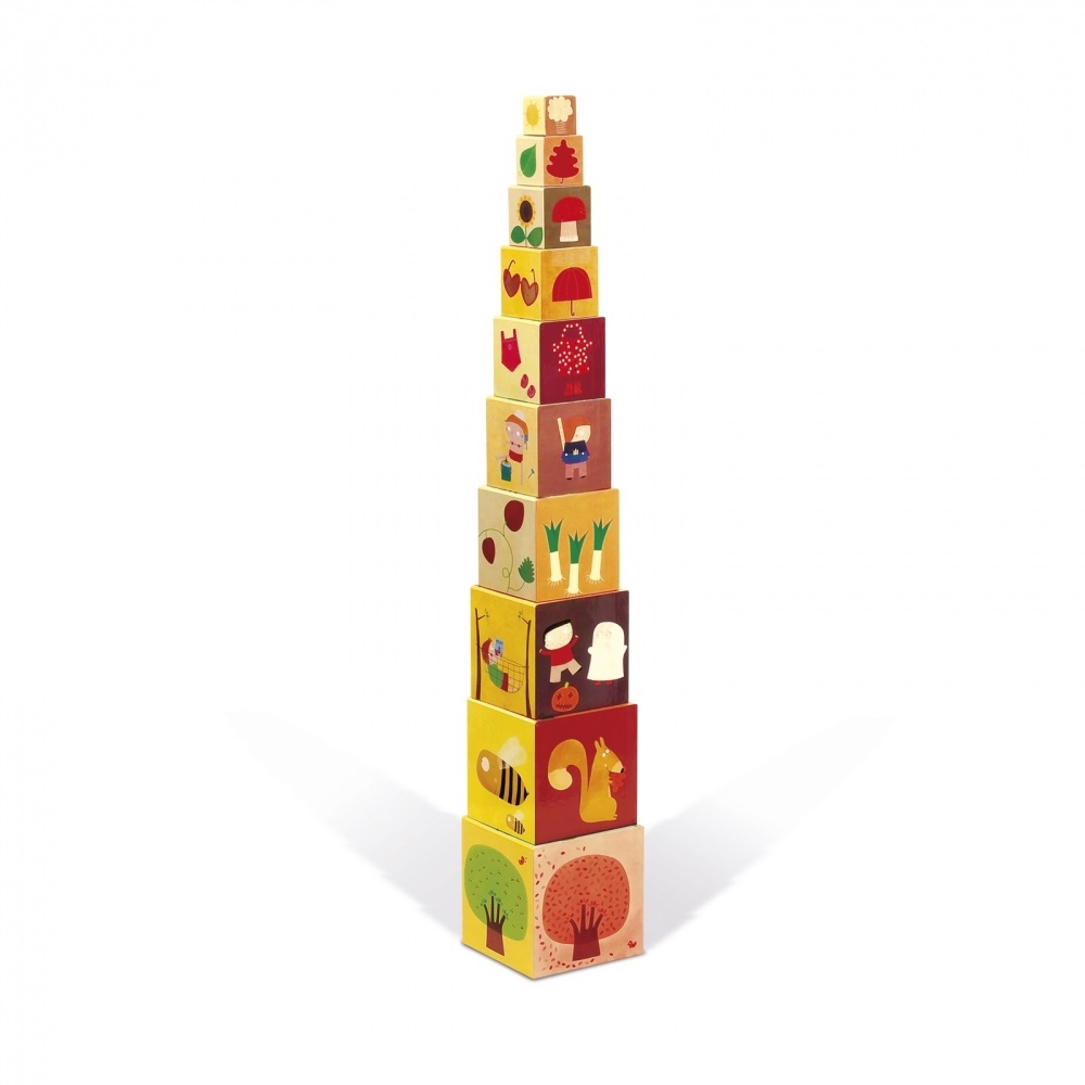 Janod J02917 - Piramide Quadrata Le 4 Stagioni - Cubi da Impilare in Cartone - Gioco Educativo per Sviluppo della Motricità e Immaginazione