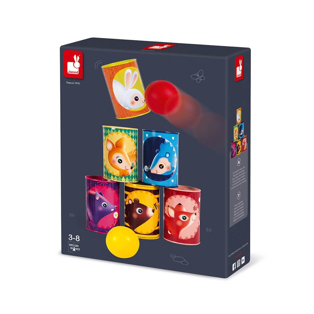 Janod Tiro al Barattolo della Foresta - Set con 6 Barattoli in Metallo e 2 Palline in Schiuma, Gioco per Bambini da 3 Anni