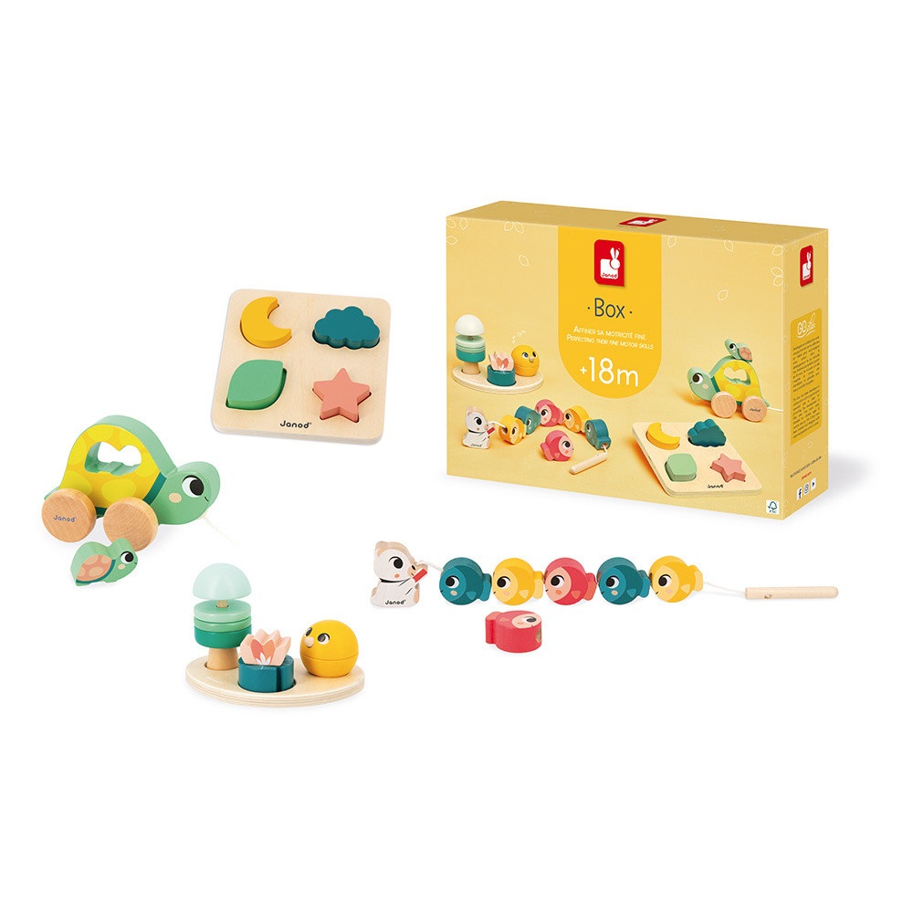 Janod Box Giochi Neonato - Giocattolo Educativo Multisensoriale per Bambini 18 Mesi con Puzzle in Legno e Tartaruga da Trainare