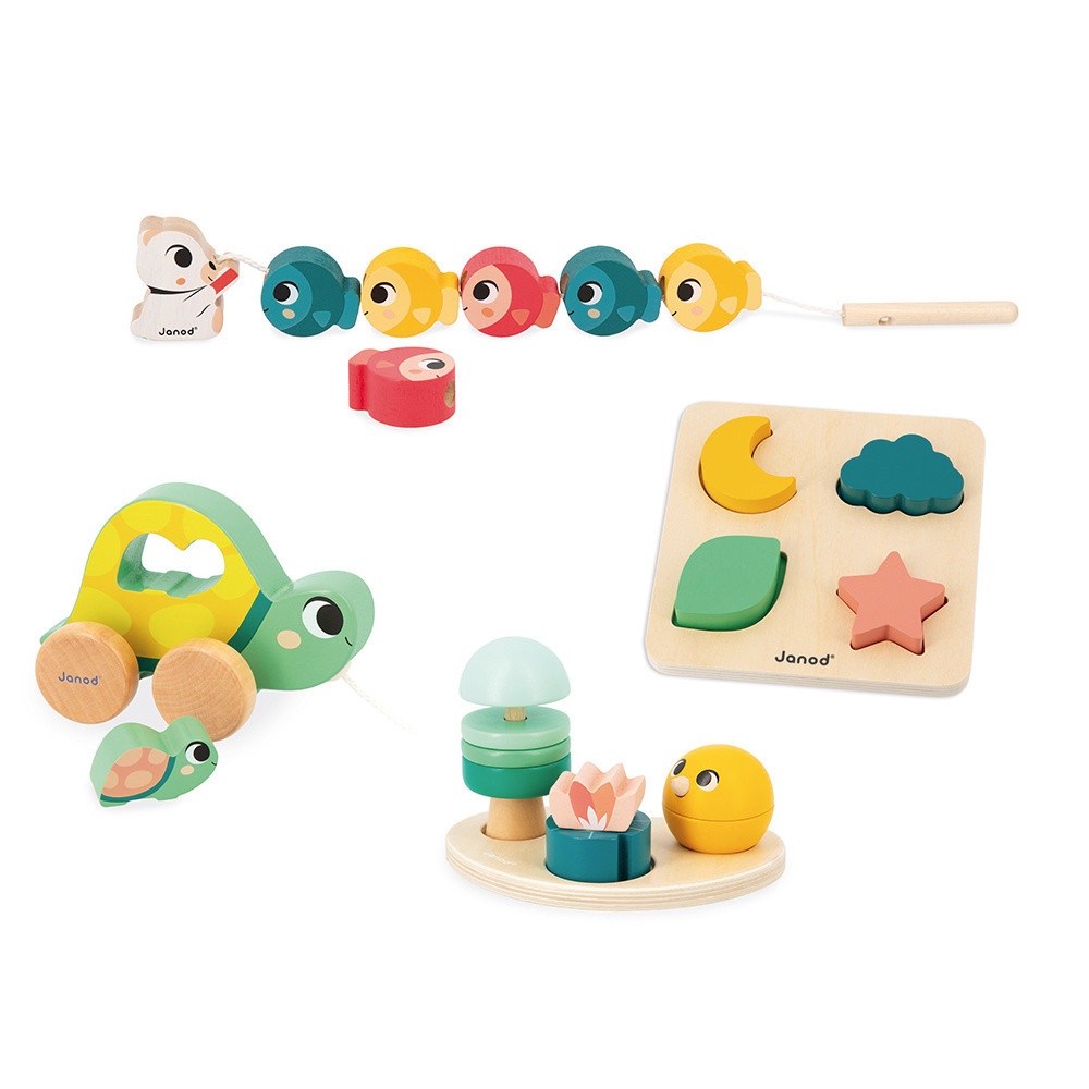 Janod Box Giochi Neonato - Giocattolo Educativo Multisensoriale per Bambini 18 Mesi con Puzzle in Legno e Tartaruga da Trainare