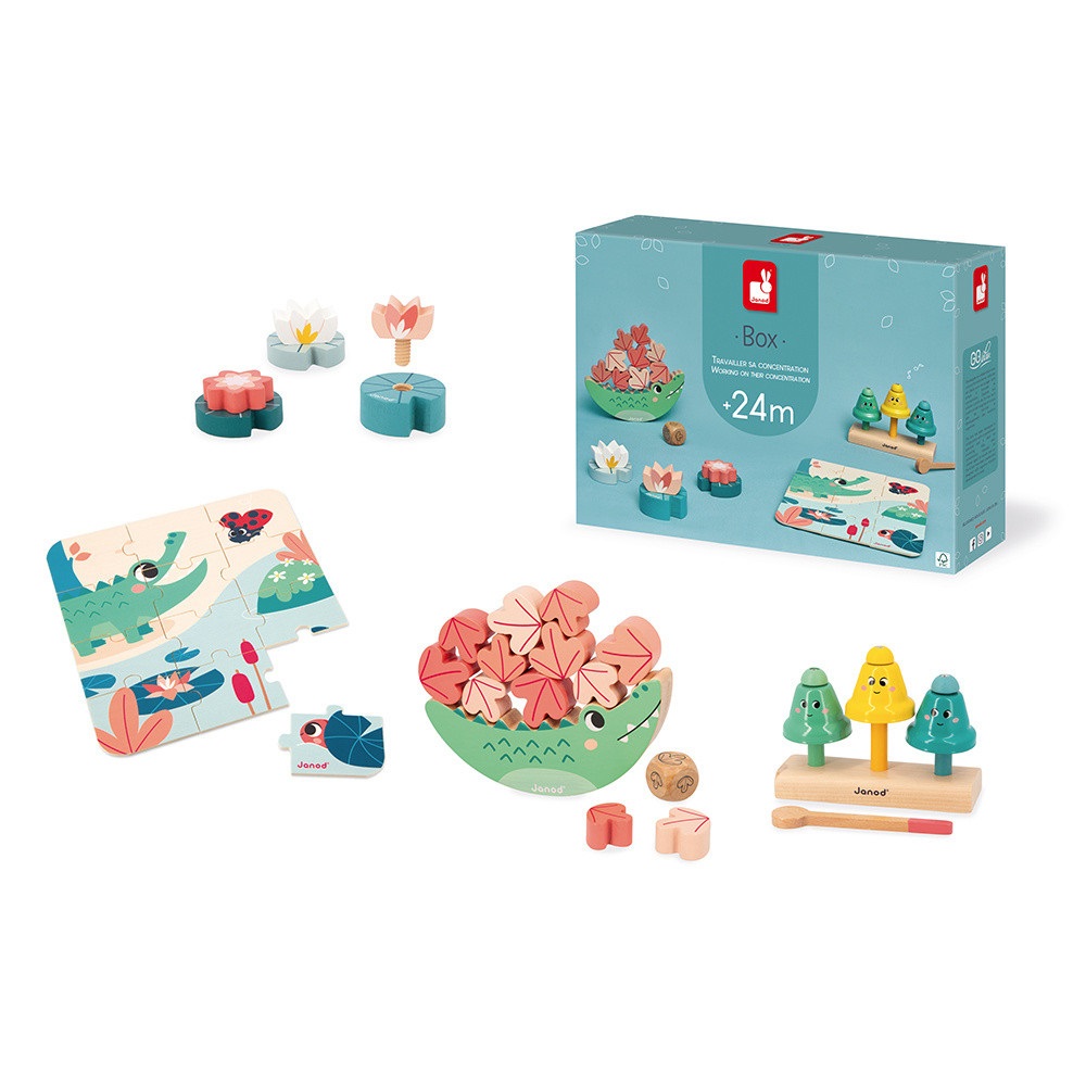JANOD J04065 Box Giochi Neonato - Giocattolo Educativo Multisensoriale per Bambini dai 24 Mesi con Puzzle, Attività Manuali e Gioco di Equilibrio in Legno