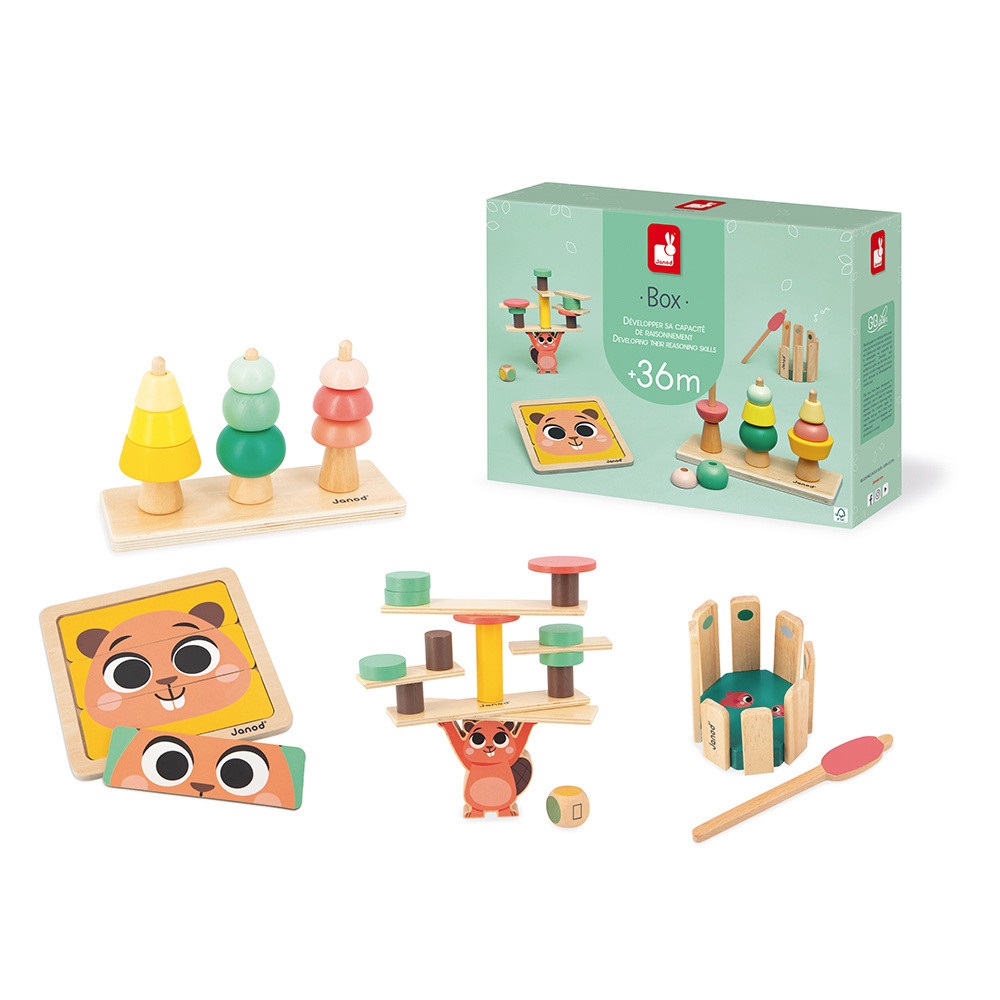 Janod Box Giochi Neonato - Giocattolo Educativo Multisensoriale per Bambini dai 36 Mesi con Abaco, Gioco di Equilibrio, Carillon e Puzzle