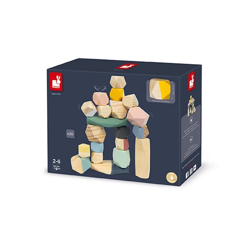 Janod Pietre da Impilare in Legno Sweet Cocoon - Giocattolo Didattico per Bambini da 2 Anni - 20 Pezzi per Sviluppo della Motricità Fine e Concentrazione