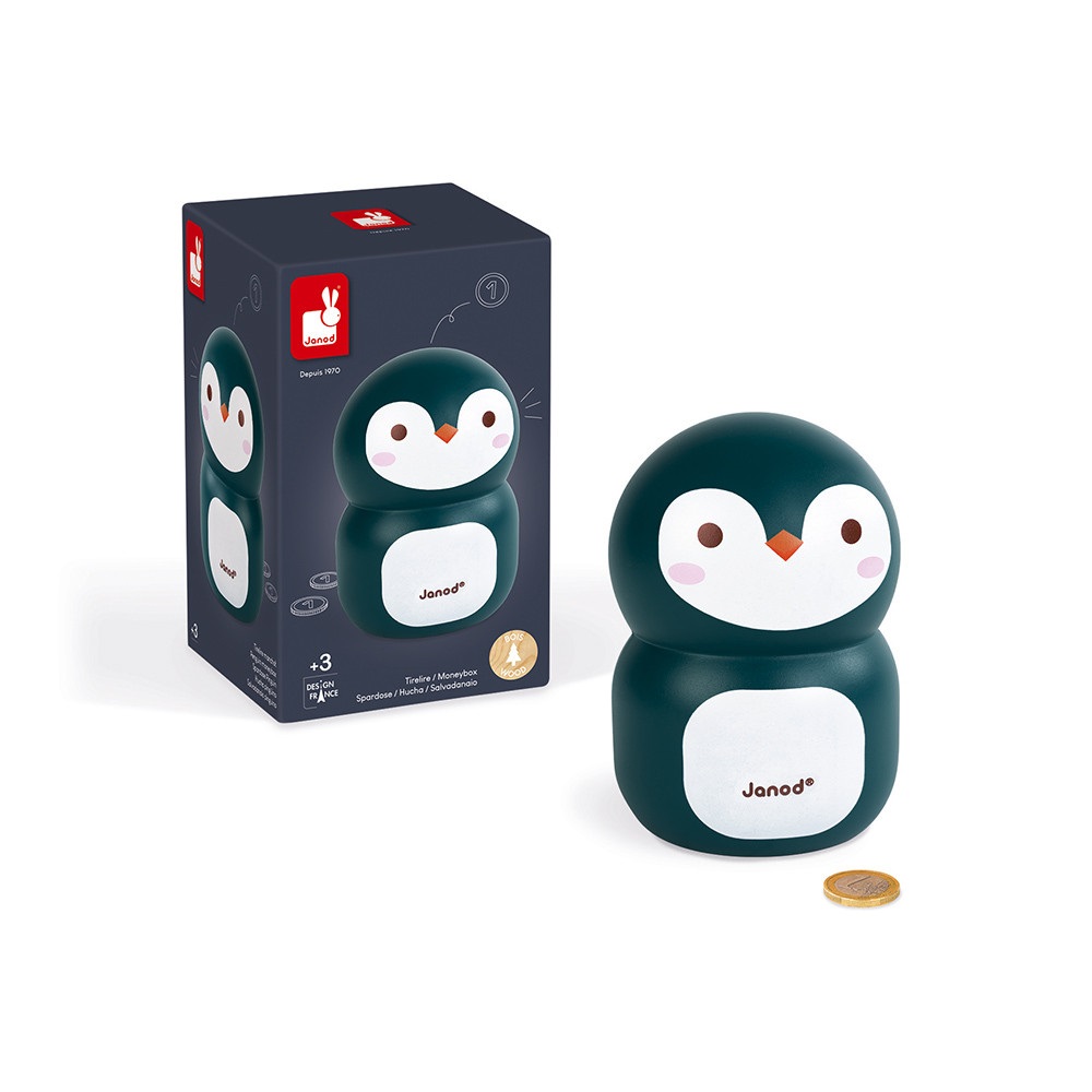JANOD Salvadanaio Pinguino in Legno 14,3 cm - Design Infantile per Bambini a Partire da 3 Anni