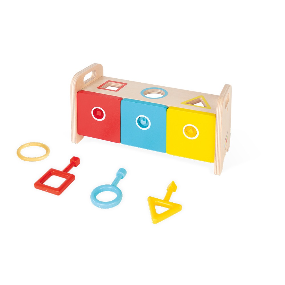 Janod - Scatola Forme in Legno Educativa con 6 Forme Colorate per Bambini dai 12 Mesi - Sviluppo della Motricità Fine e Apprendimento