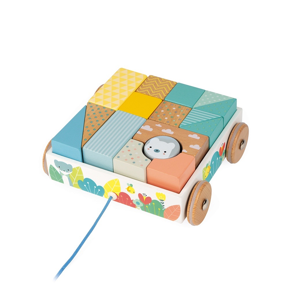 Janod Pure Carrello da Trainare con Cubi in Legno - Giocattolo per Apprendimento Precoce con 16 Blocchi Inclusi, Sviluppa la Motricità e le Abilità Manuali, Pittura Ad Acqua - Da 18 Mesi in su