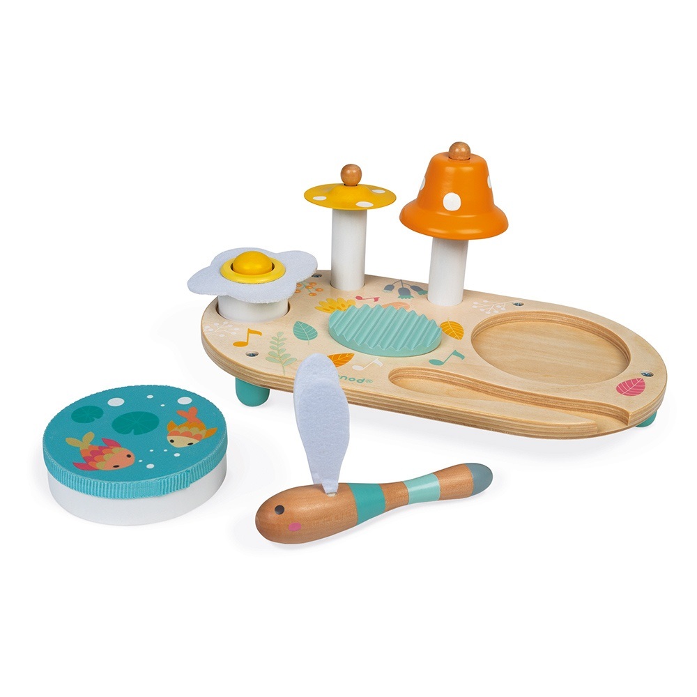 Janod J05164 Tavolo Musicale in Legno Didattico con Piatto, Campana e Tamburello Rimovibile - Da 3 a 8 Anni