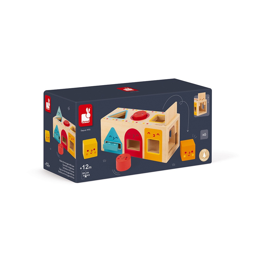 JANOD Geometric Shapes Box - Gioco Educativo in Legno per Sviluppo delle Abilità Motorie Fini - 6 Forme Geometriche per Neonati - 12 Mesi