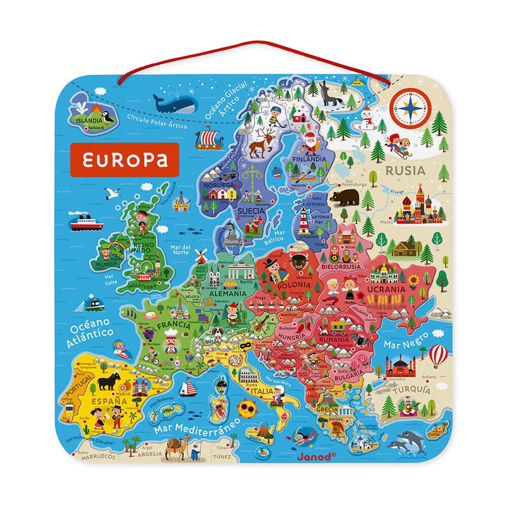 Janod Mappa Magnetica Europea in Legno con 40 Calamite - Giocattolo Educativo per Bambini da 12 Mesi a 7 Anni