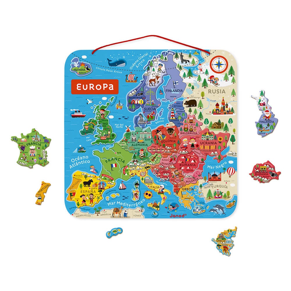 Janod Mappa Magnetica Europea in Legno con 40 Calamite - Giocattolo Educativo per Bambini da 12 Mesi a 7 Anni