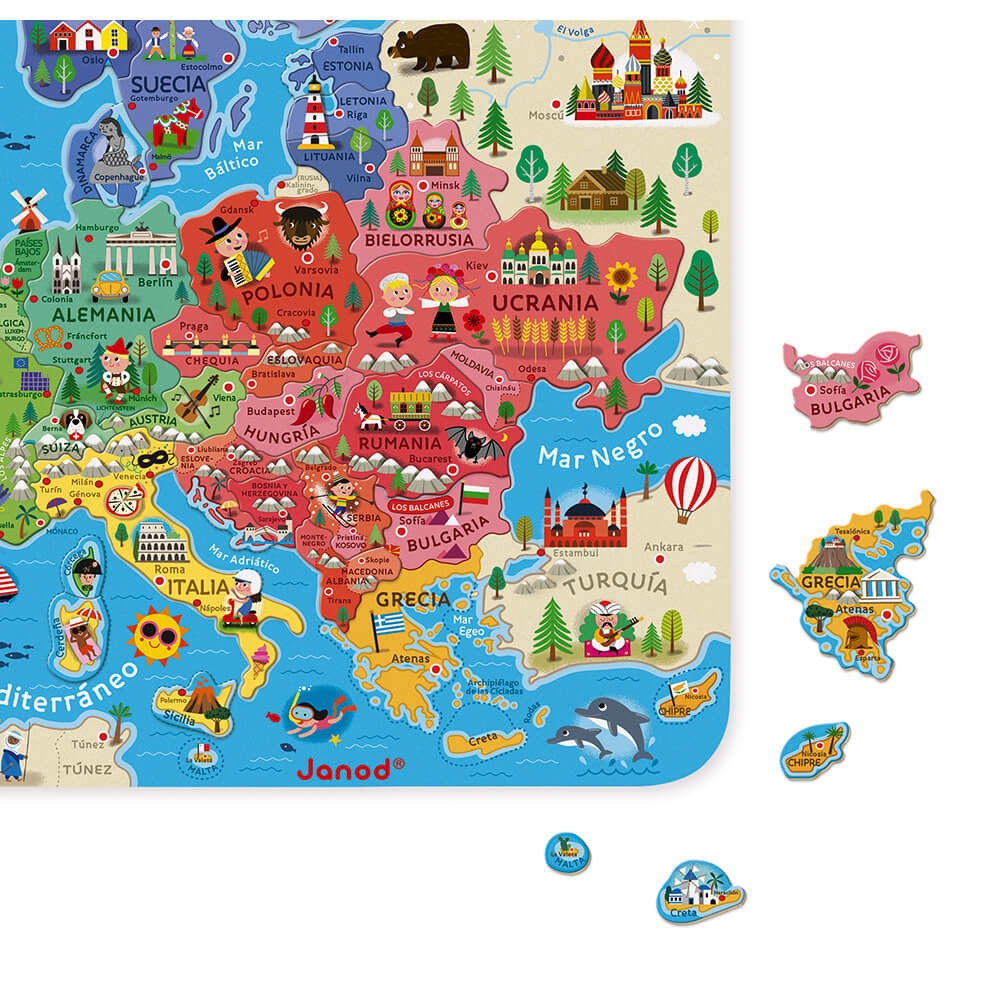 Janod Mappa Magnetica Europea in Legno con 40 Calamite - Giocattolo Educativo per Bambini da 12 Mesi a 7 Anni