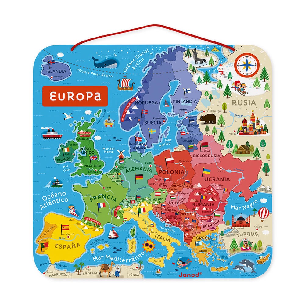 Janod Mappa Magnetica Europea in Legno con 40 Calamite - Giocattolo Educativo per Bambini da 12 Mesi a 7 Anni
