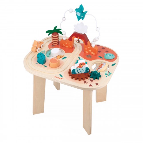 JANOD Tavolino Multiattività Dino - 8 Attività Multisensoriali per Bambini dai 12 Mesi, Legno FSC, Dimensioni 40 x 32 x 52,5 cm