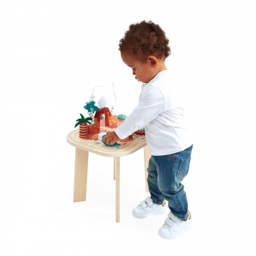 JANOD Tavolino Multiattività Dino - 8 Attività Multisensoriali per Bambini dai 12 Mesi, Legno FSC, Dimensioni 40 x 32 x 52,5 cm