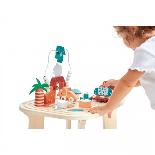 JANOD Tavolino Multiattività Dino - 8 Attività Multisensoriali per Bambini dai 12 Mesi, Legno FSC, Dimensioni 40 x 32 x 52,5 cm