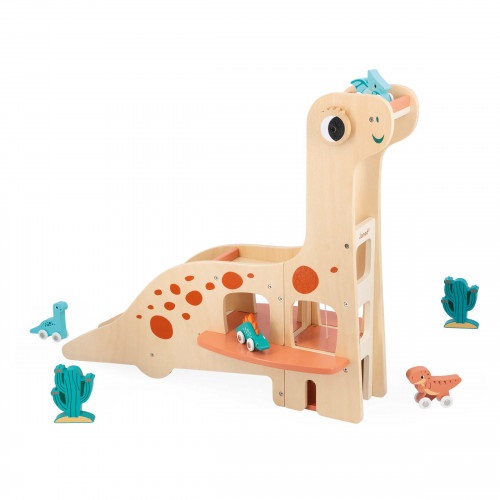 Janod Garage Dino Diplodoco - Set Gioco con 4 Dinosauri su Ruote e 2 Cactus, Legno FSC, 50 cm
