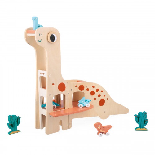 Janod Garage Dino Diplodoco - Set Gioco con 4 Dinosauri su Ruote e 2 Cactus, Legno FSC, 50 cm