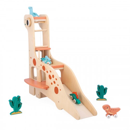 Janod Garage Dino Diplodoco - Set Gioco con 4 Dinosauri su Ruote e 2 Cactus, Legno FSC, 50 cm